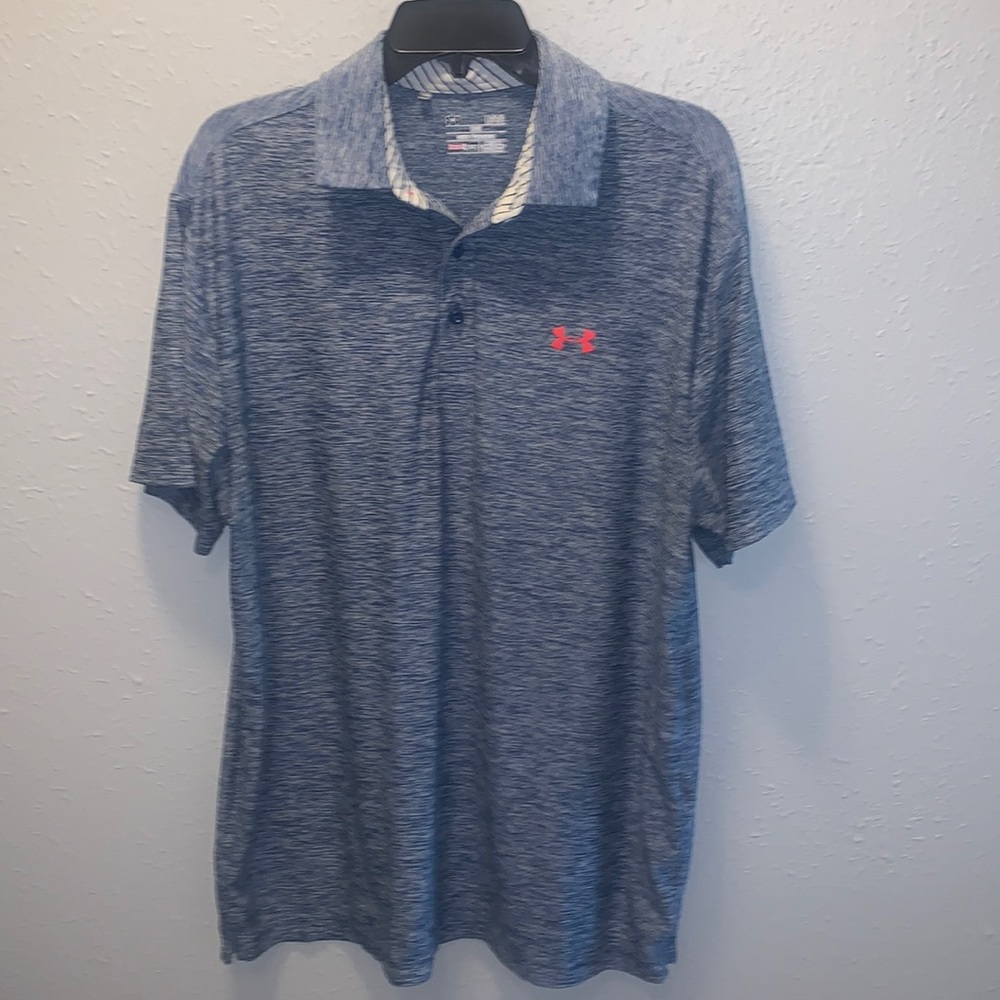 Under Armour Hematite/Heather Blue Polo with Red Logo